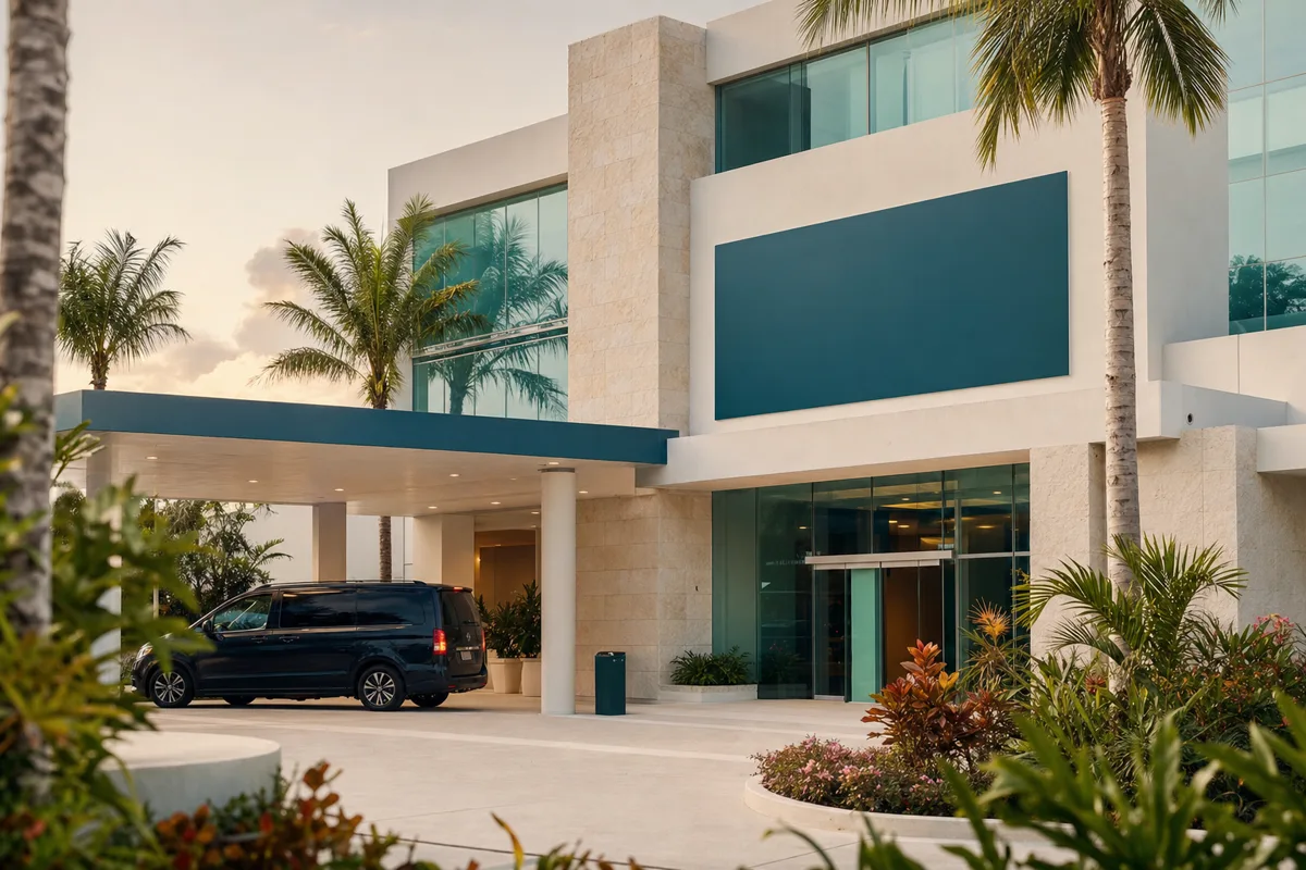 Entrance and covered patient drop-off of a modern private surgical facility in Cancún with palm trees and warm afternoon light