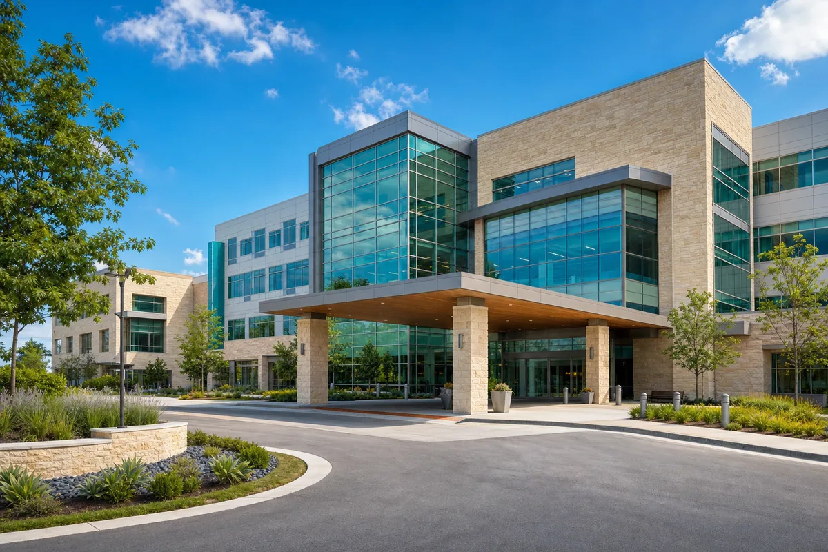 Modern hospital exterior in a commercial medical district