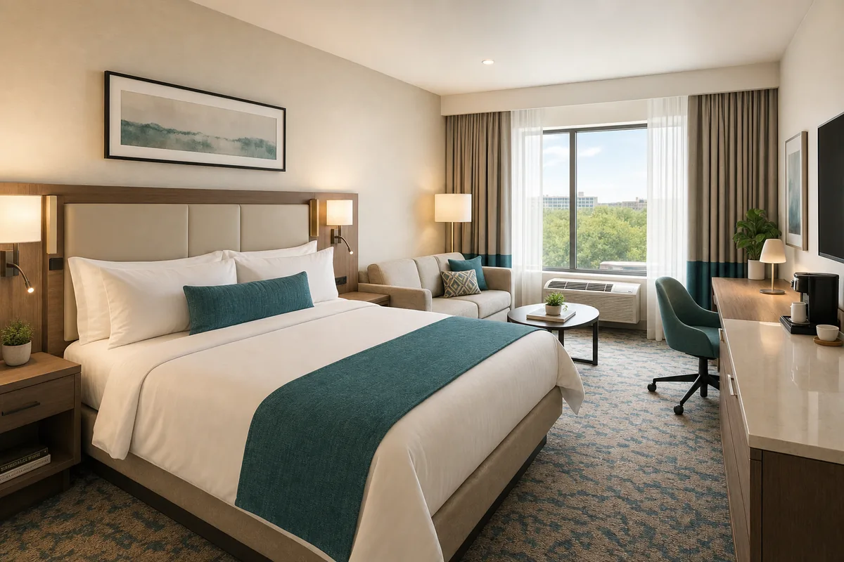 Comfortable hotel room with a companion seating area