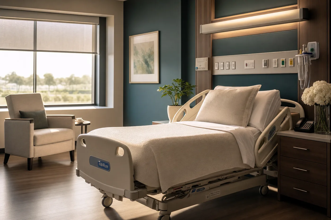 Calm, modern private hospital recovery room with a companion chair and warm natural light